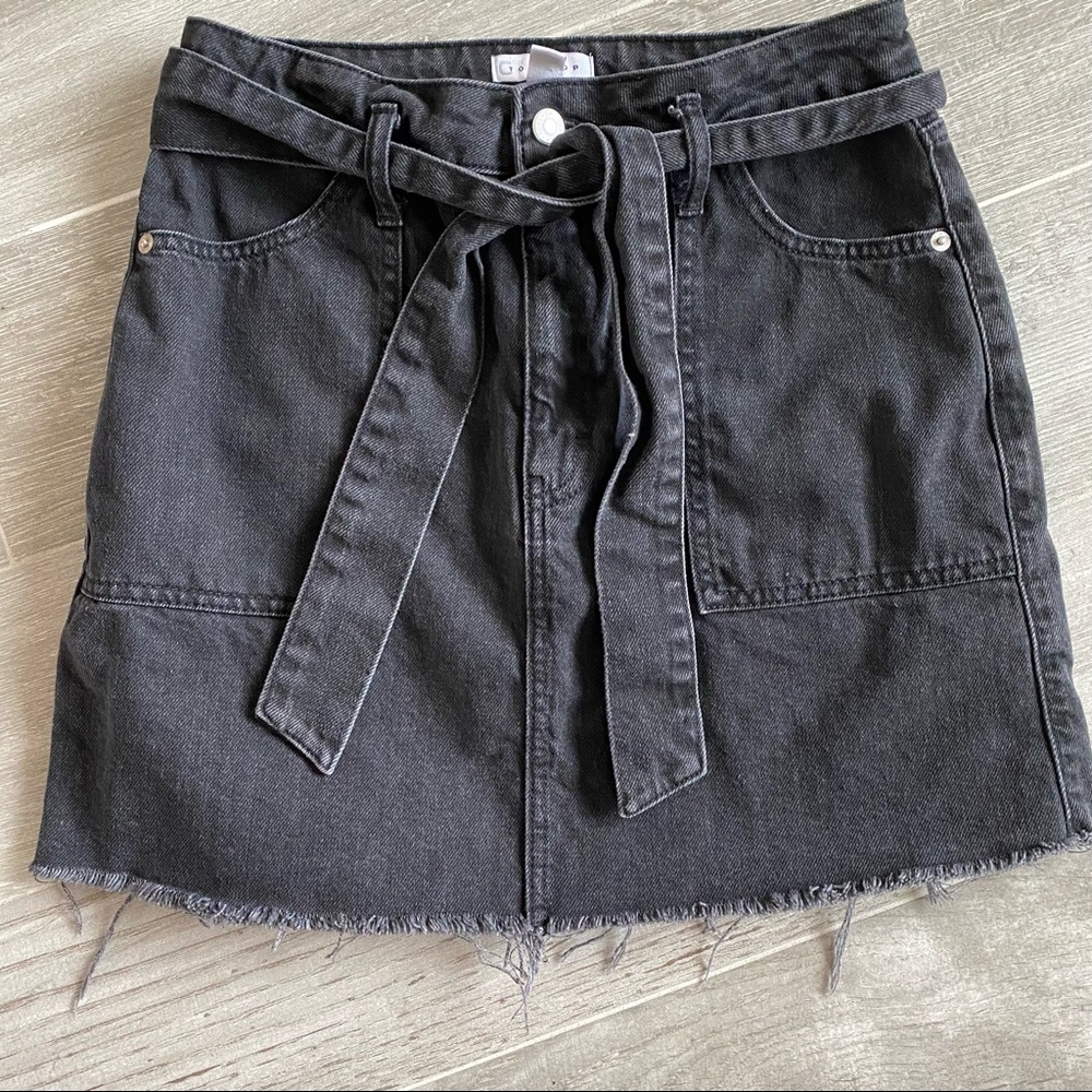 Topshop black denim miniskirt with tie belt